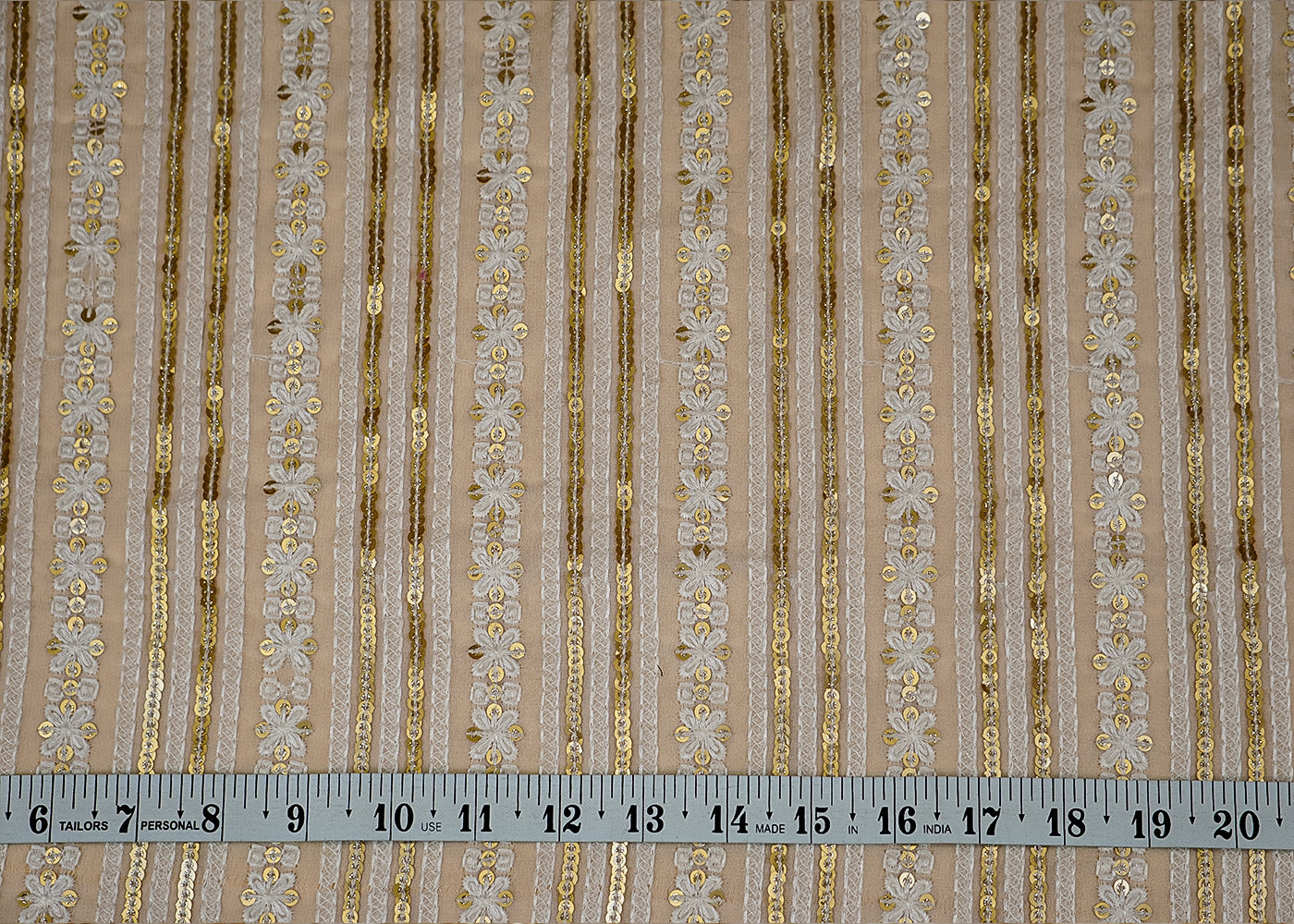 (Pre-Cut 0.75 Mtr) White Georgette Fabric with All-Over Threadwork and Golden Sequins