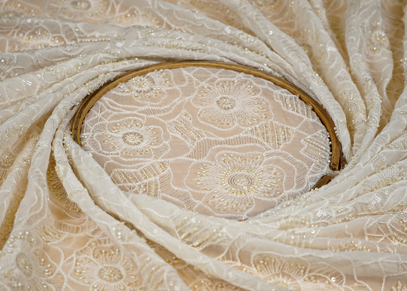 (Pre-Cut 1.7 Mtr) White Georgette Fabric with All-Over Bead, Sequins and Threadwork