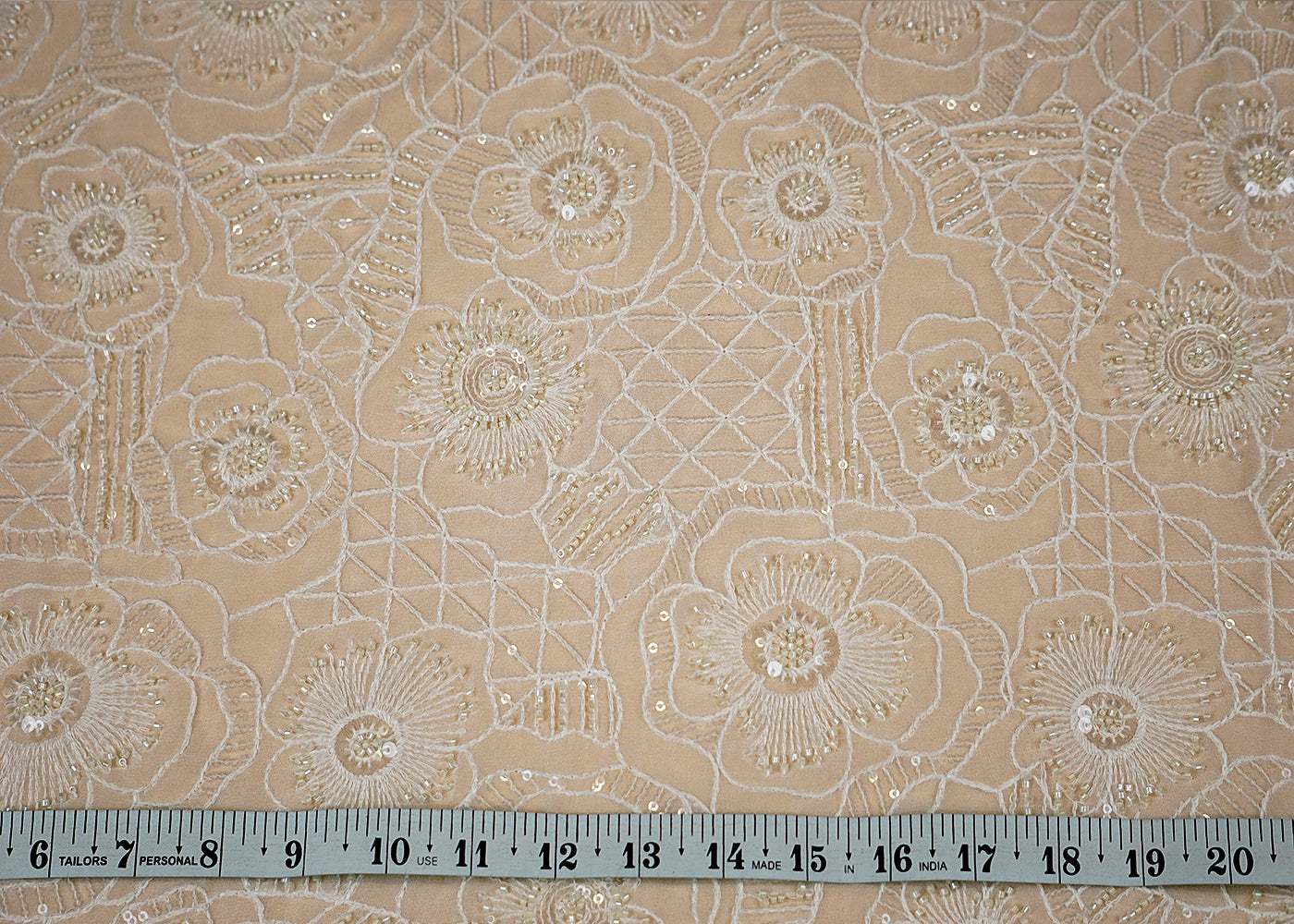 (Pre-Cut 1.7 Mtr) White Georgette Fabric with All-Over Bead, Sequins and Threadwork