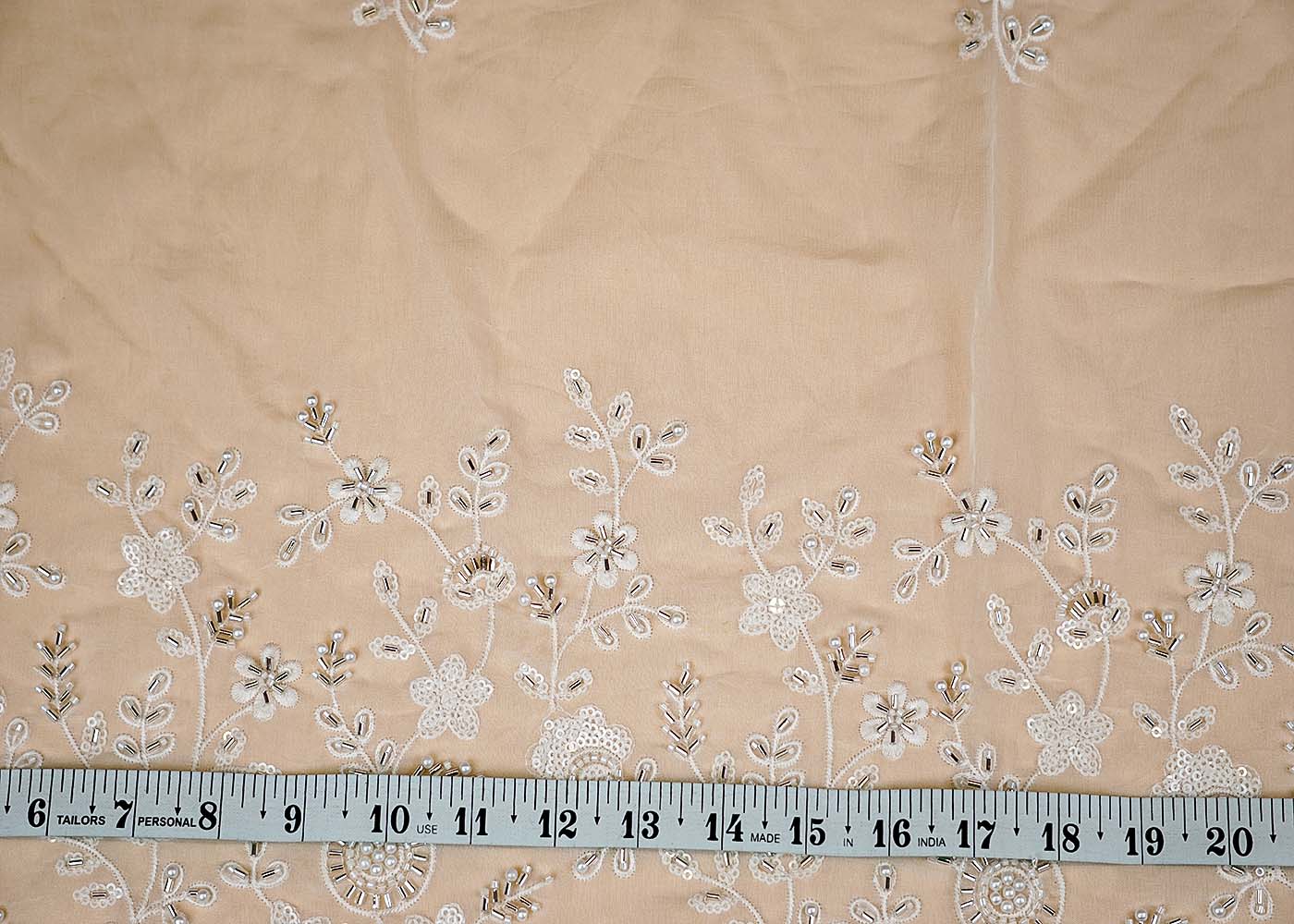 (Pre-Cut 1.65 Mtr) Floral Glow White Georgette Fabric with All-Over Thread, Bead, and Sequin