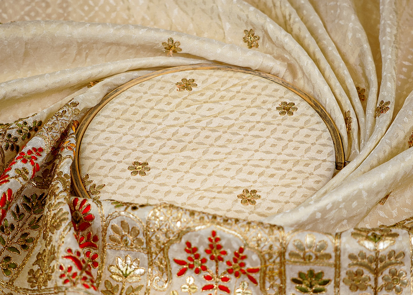 (Pre-Cut 1.1 Mtr) Georgette Fabric with All-Over Buti of Sequins, Beads, and Kutdana Work