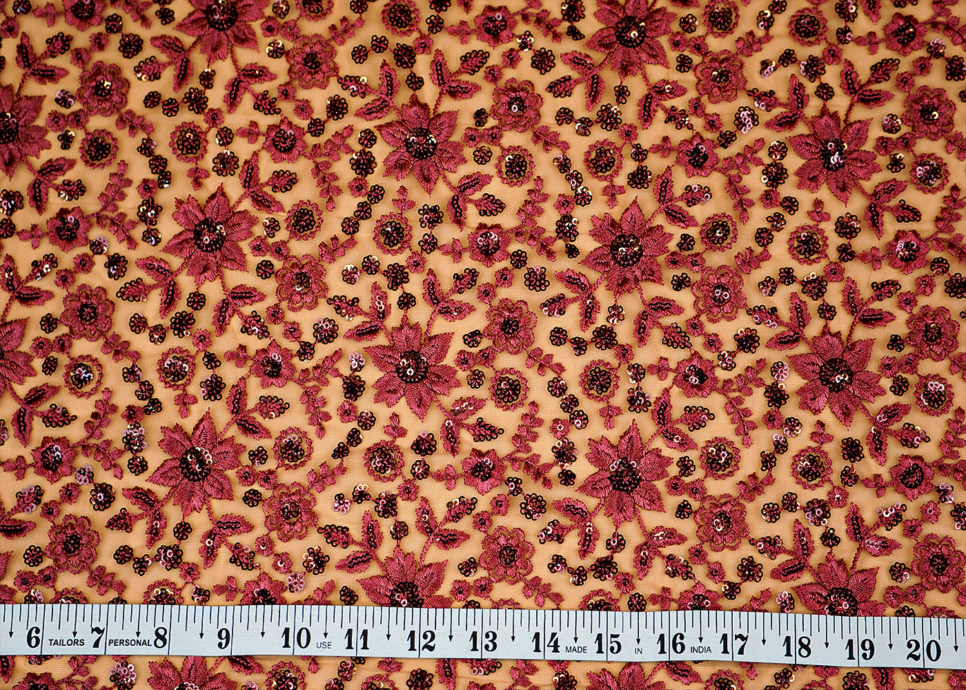 (Pre-Cut 3 Mtr) Imported Dark Onion Net Fabric with All-Over Floral Thread and Sequins