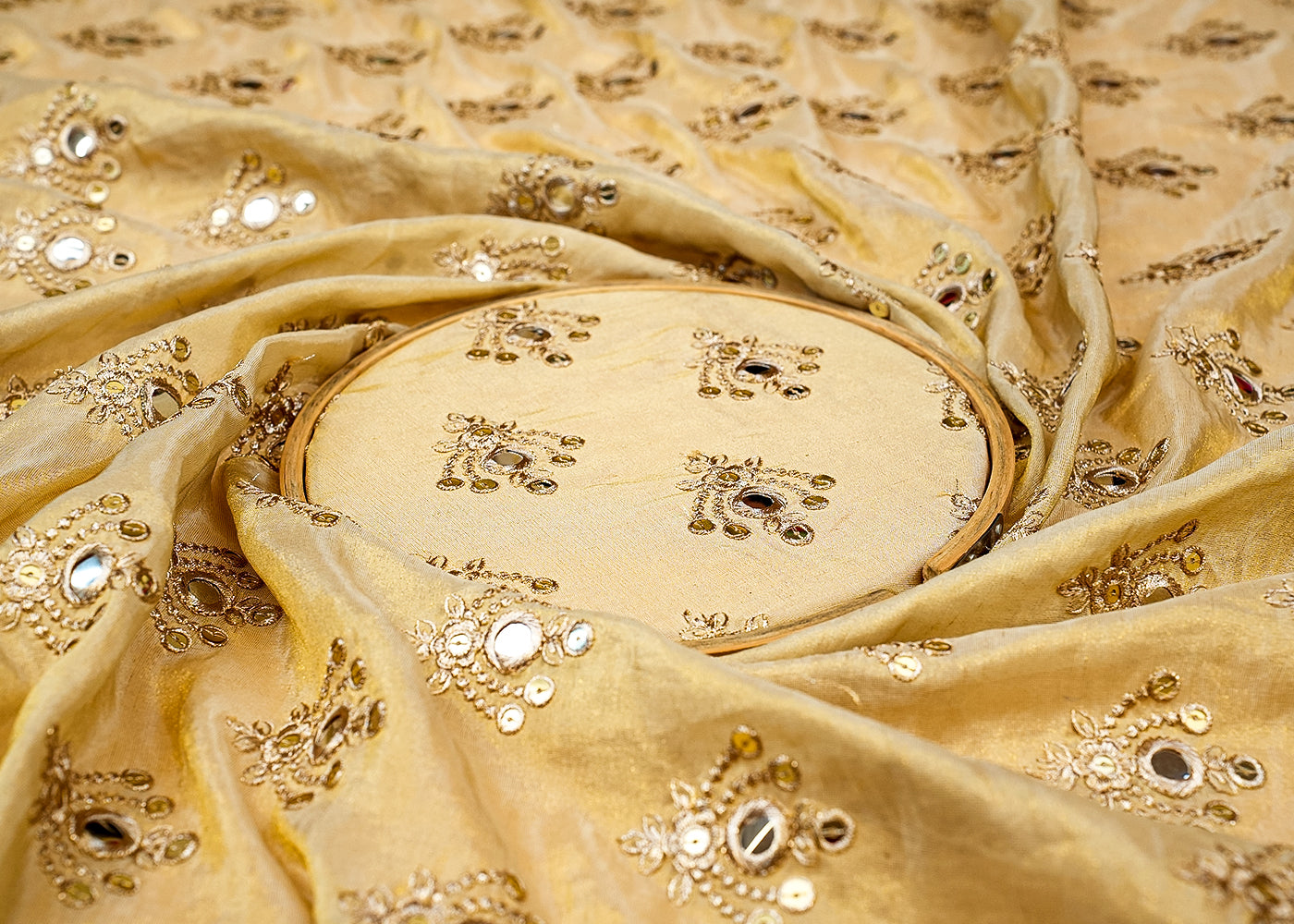 (Pre-Cut 2.8 Mtr) Tissue Fabric with All-Over Buti of Golden Thread, Faux Mirror, and Sequins