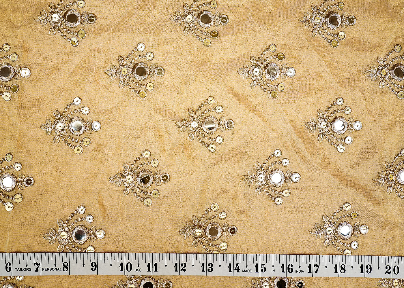 (Pre-Cut 2.8 Mtr) Tissue Fabric with All-Over Buti of Golden Thread, Faux Mirror, and Sequins