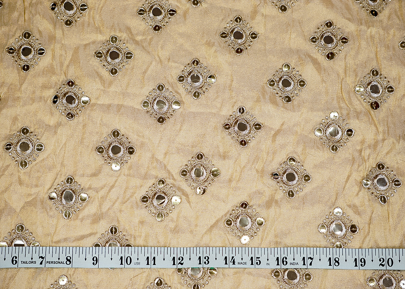 (Pre-Cut 2.5 Mtr) Tissue Fabric with All-Over Buti of Golden Thread, Faux Mirror, and Sequins