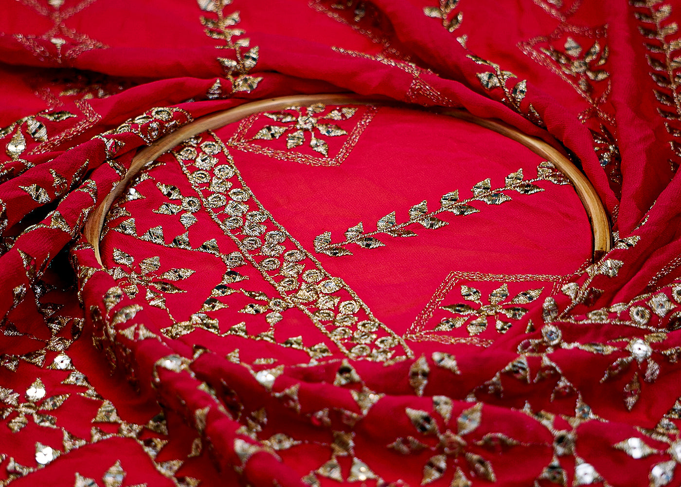 (Pre-Cut 1.25 Mtr) Georgette Fabric with All-Over Threadwork and Sequins, and Heavy Border