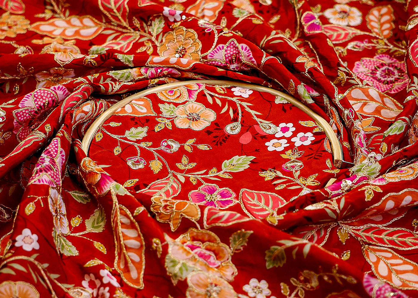 (Pre-Cut 3.15 Mtr) Maroon Crepe Fabric with All-Over Floral Print Embellished with Golden Thread