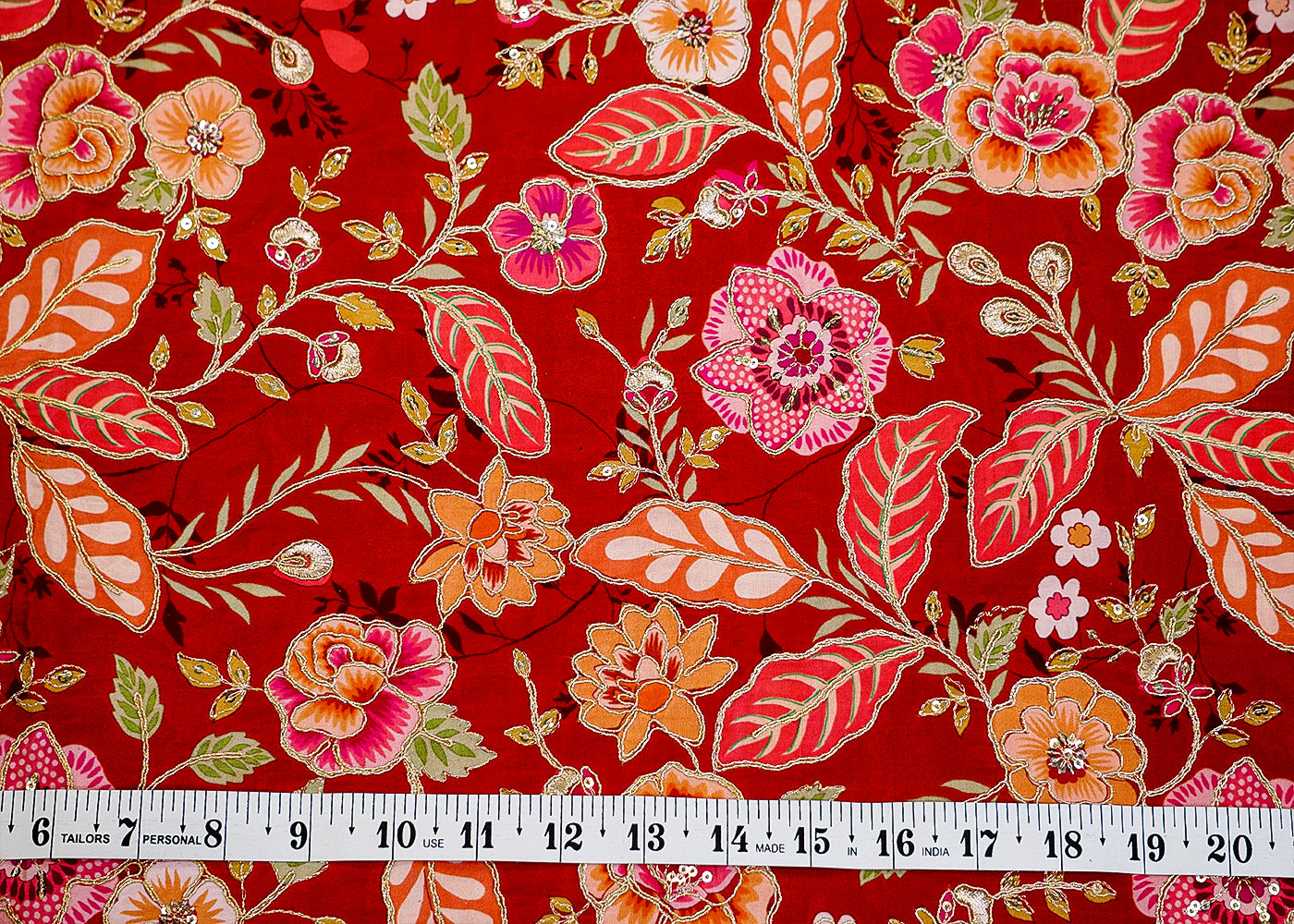 (Pre-Cut 3.15 Mtr) Maroon Crepe Fabric with All-Over Floral Print Embellished with Golden Thread