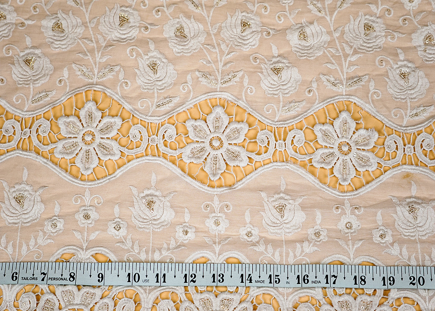 (Pre-Cut 1.25 Mtr) Organza Fabric with All-Over Buti of Thread and Sequins, and Cutwork Border