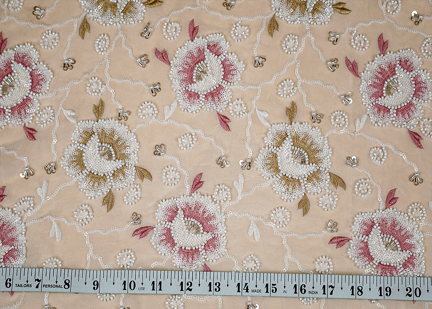 (Pre-Cut 0.6 Mtr) Georgette Fabric with All-Over Bead, Pearl, Threadwork, and Sequin Embellishments