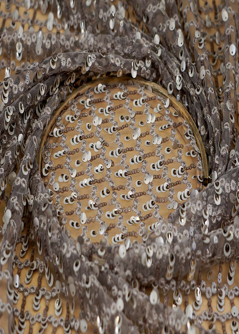 (Pre-Cut-2.25-Mtr)-Grey-Shimmering-Elegance-Net-Fabric-with-All-Over-Sequins-and-Threadwork