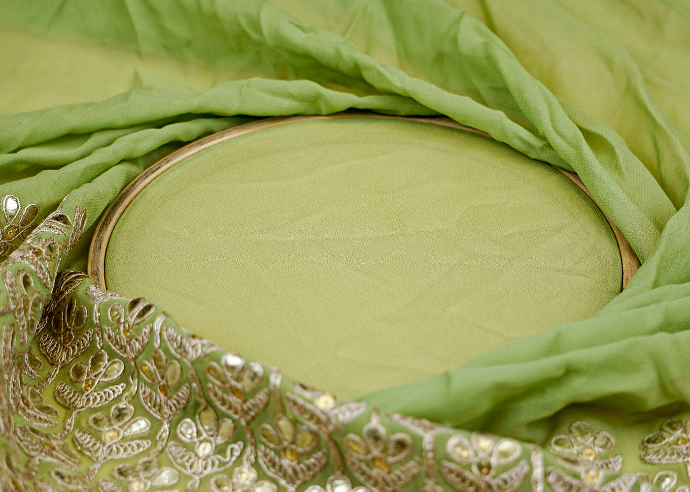 (Pre-Cut 3.2 Mtr) Green Royale Georgette with Golden Gotta Pati Glam