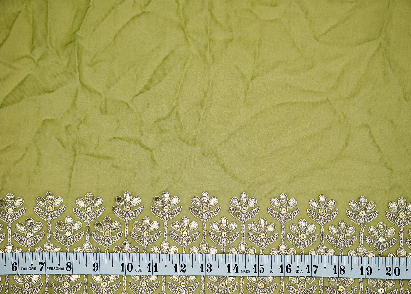 (Pre-Cut 3.2 Mtr) Green Royale Georgette with Golden Gotta Pati Glam