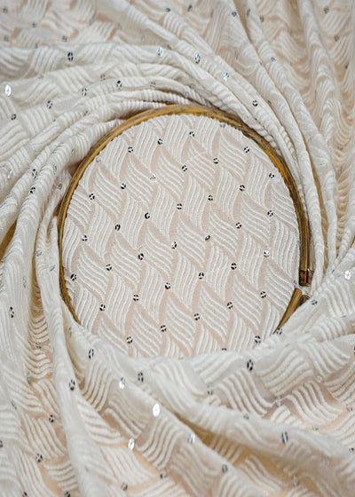 (Pre-Cut 1.7 Mtr) White Georgette Fabric with All-Over Thread and Sequins Work 11212