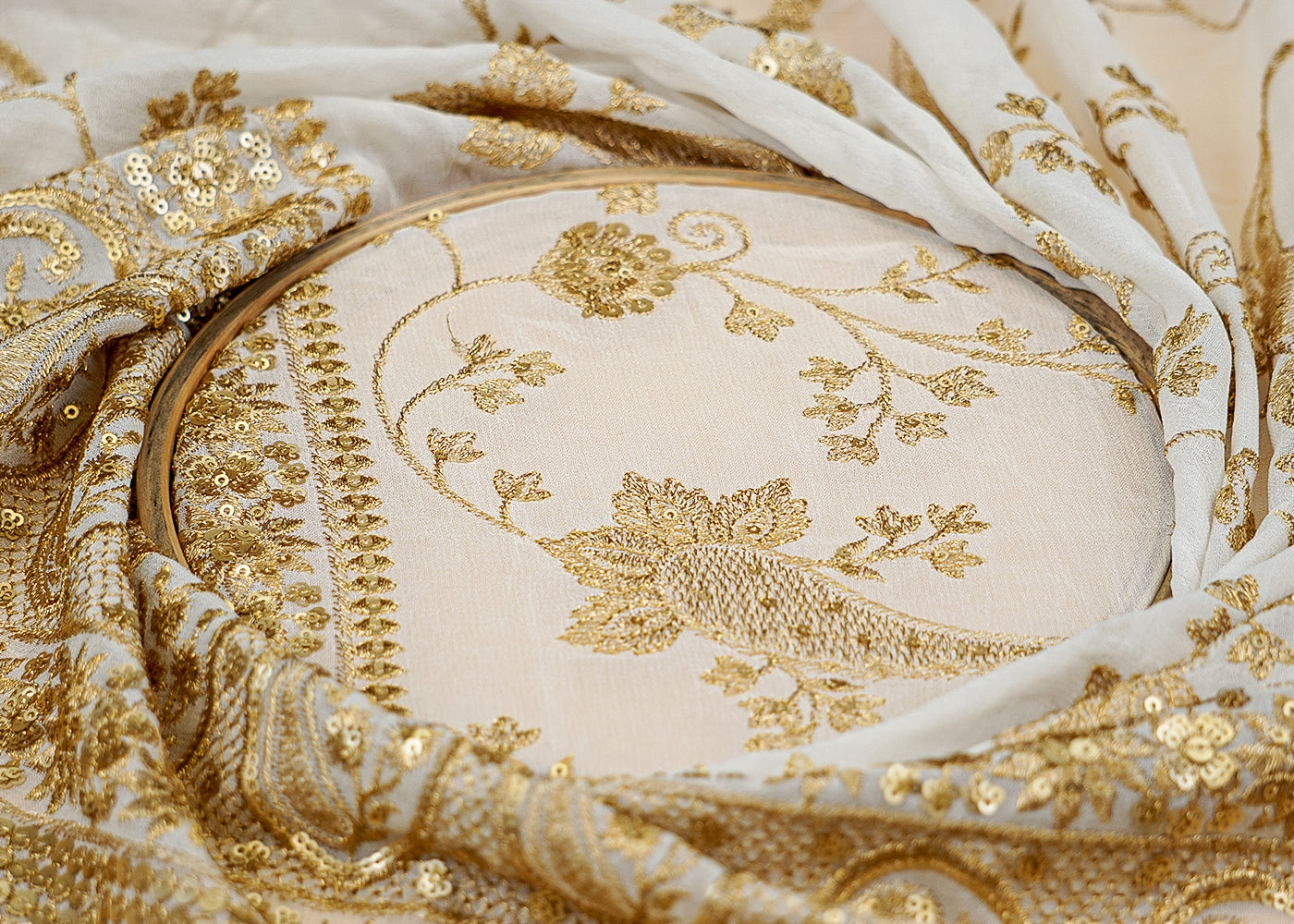 (Pre-Cut 2.55 Mtr) Traditional Elegance Georgette Fabric with Threadwork and Sequins