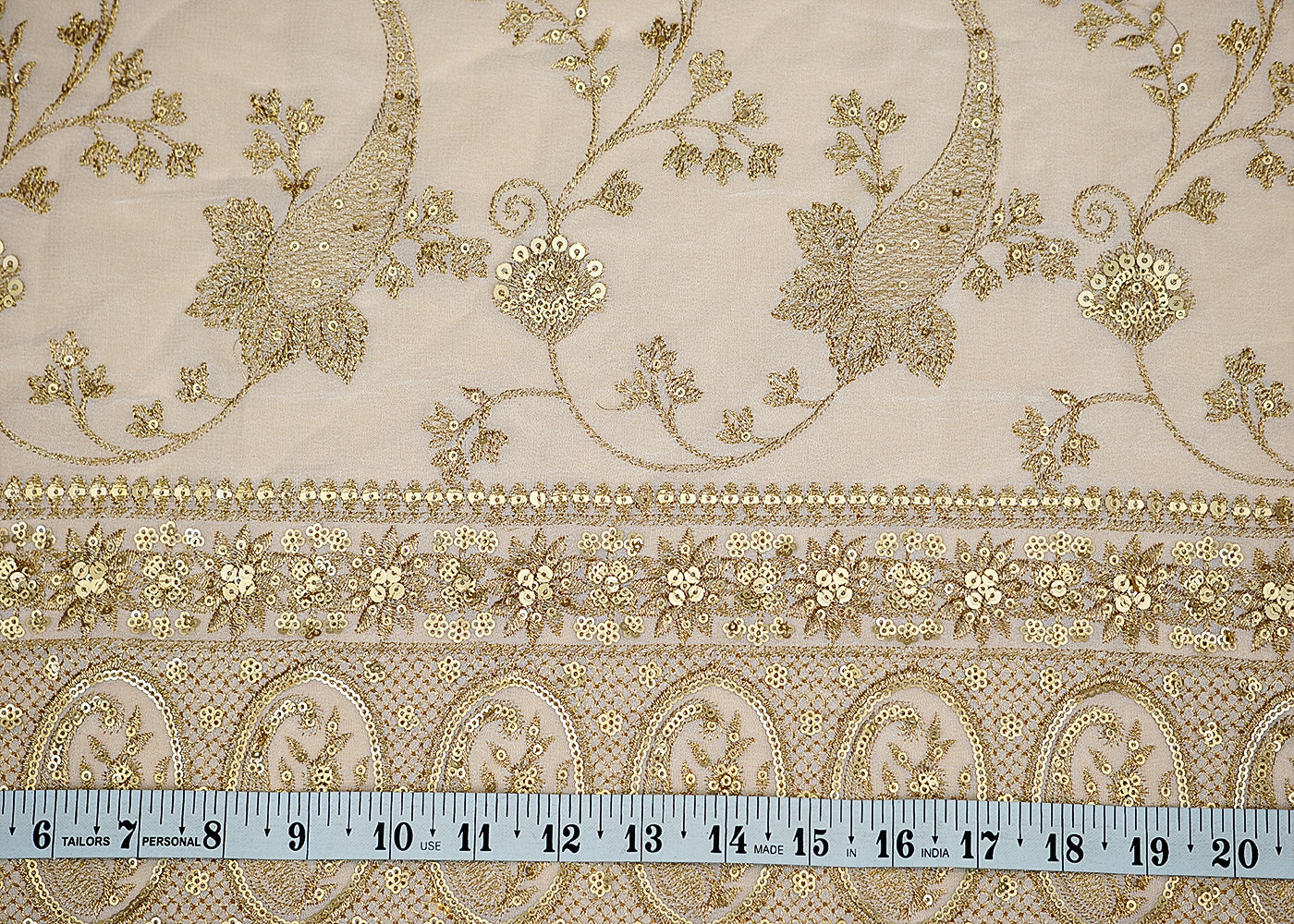 (Pre-Cut 2.55 Mtr) Traditional Elegance Georgette Fabric with Threadwork and Sequins