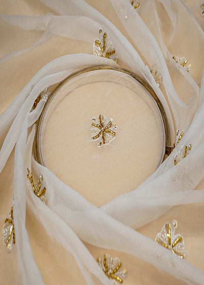 (Pre-Cut 1.65 Mtr) White Organza Fabric with All-Over Buti of Thread, Kutdana, Beads, and Sequins