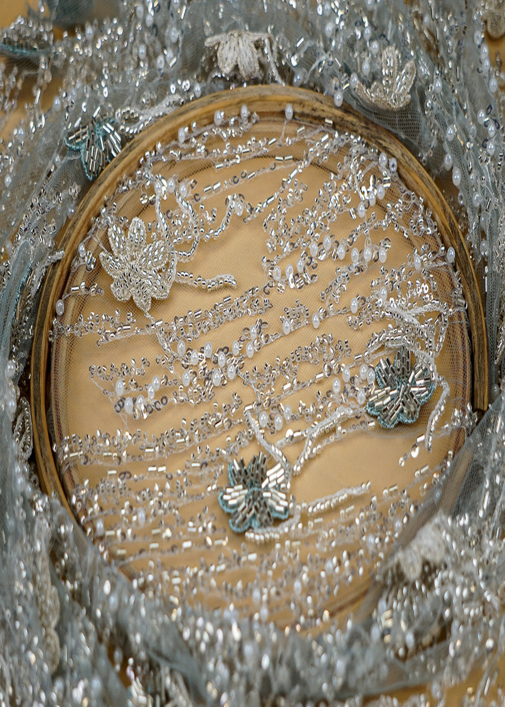 (Pre-Cut-0.6-Mtr)-Sage-Green-Imported-Net-Fabric-with-applique-work-All-Over-Kutdana,-Sequins,-and-Bead-Work