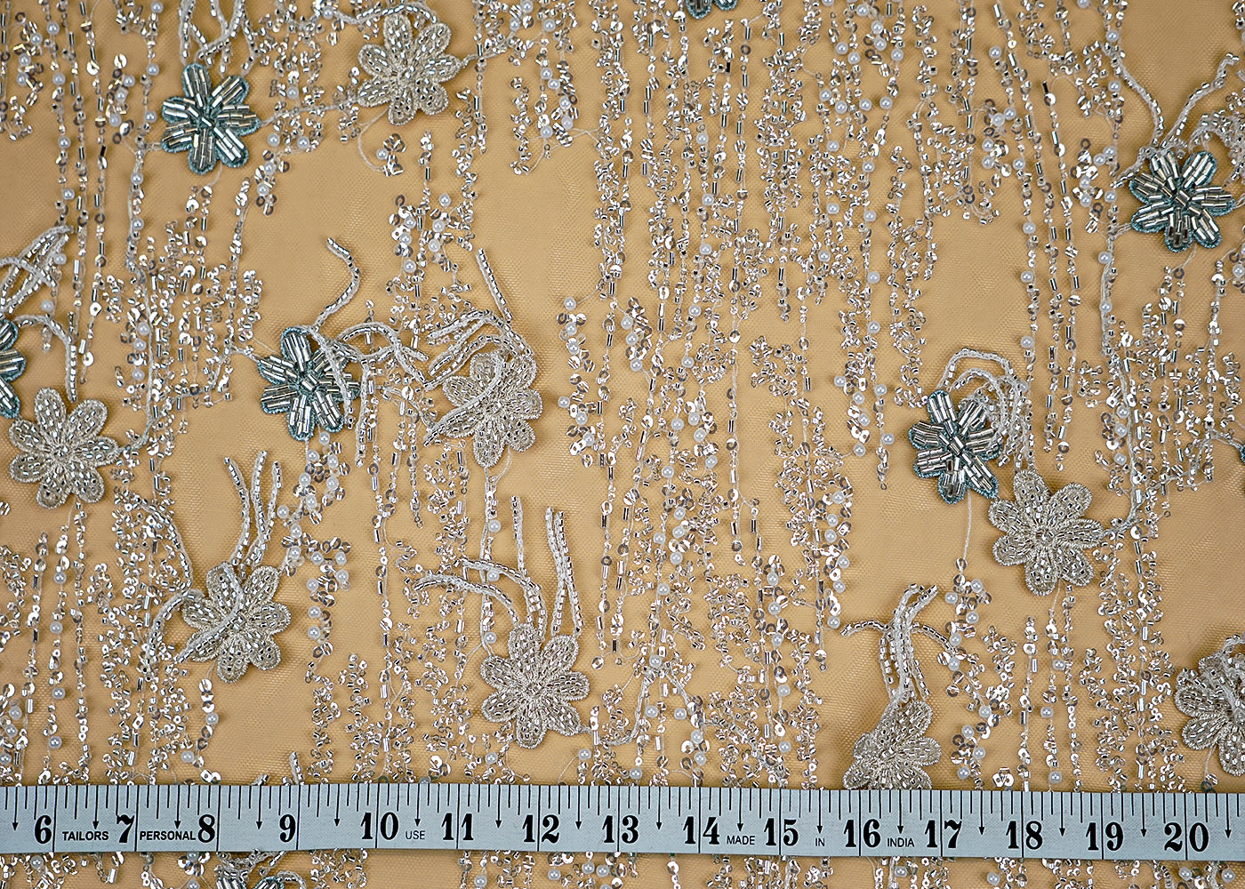 (Pre-Cut 0.6 Mtr) Imported Net Fabric with applique work All-Over Kutdana, Sequins, and Bead Work