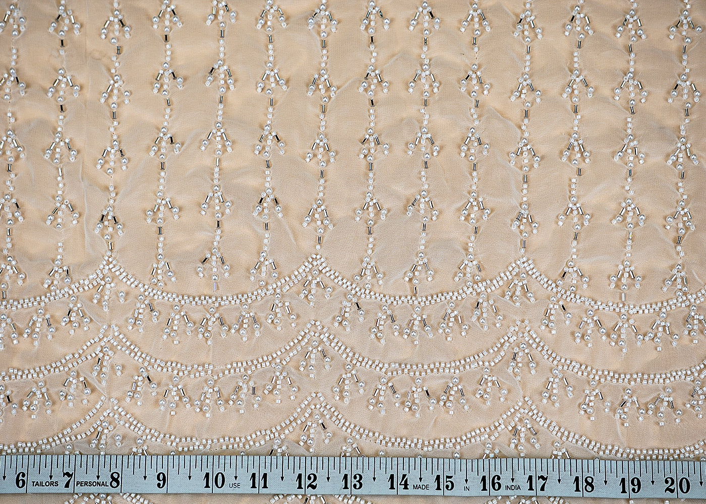 (Pre-Cut 1 Mtr) Striped Eleganc Georgette with All-Over Pattern and Heavy White Pearl-Kutdana Border