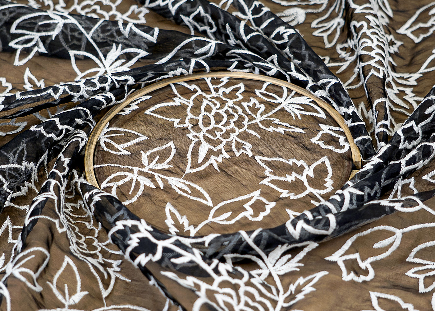 (Pre-Cut 1.4 Mtr) Black Organza Fabric with All-Over White Threadwork