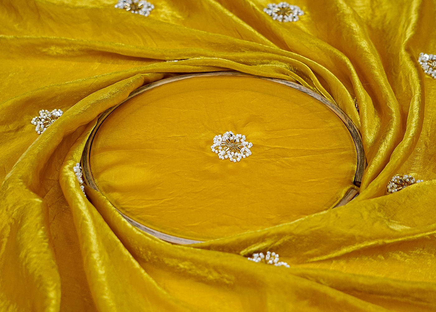 (Pre-Cut 1 Mtr) Mustard Diamond Tissue Fabric with All-Over Buti of Beads, Sequins, and Kutdana