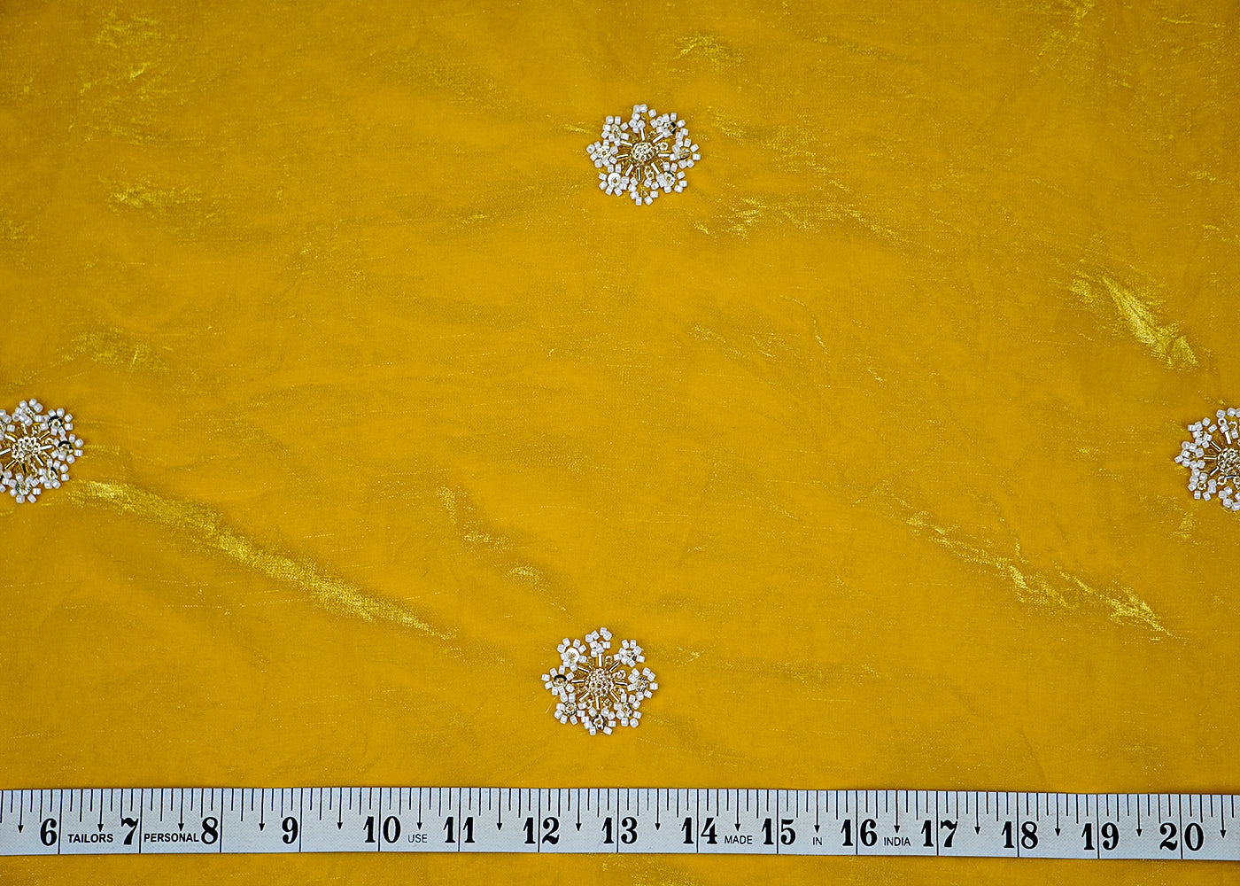 (Pre-Cut 1 Mtr) Mustard Diamond Tissue Fabric with All-Over Buti of Beads, Sequins, and Kutdana