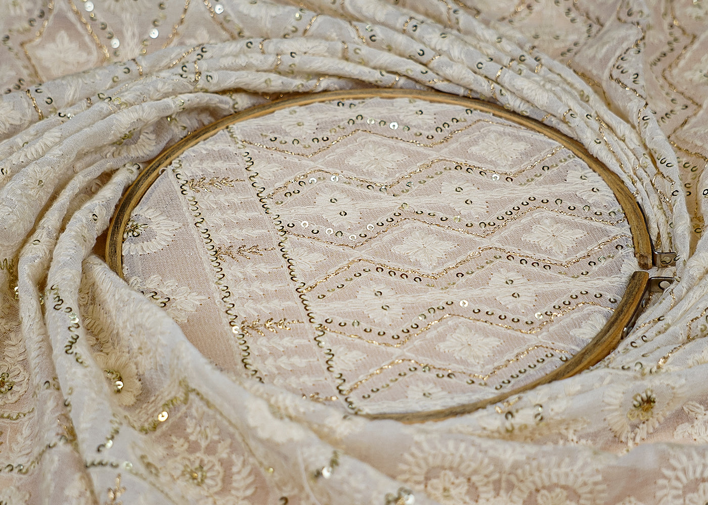 (Pre-Cut 1.5 Mtr) Glamorous Georgette Fabric with Thread and Sequins Work and Heavy Border