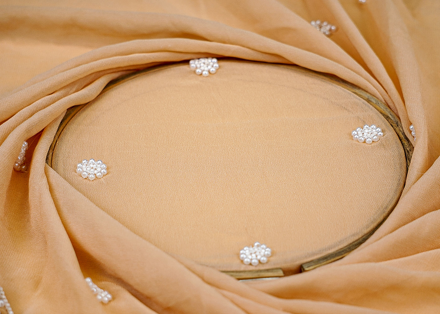 (Pre-Cut 2.6 Mtr) Nude Peach Elegant Dupatta Fabric with Silver Sequin and Pearl Borders