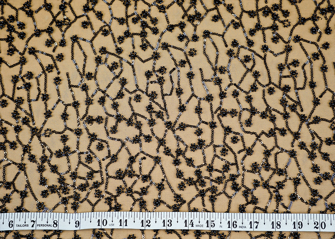 (Pre-Cut 1.6 Mtr) Pearl Radiance Imported Black Net with All-Over Sequins and Handwork