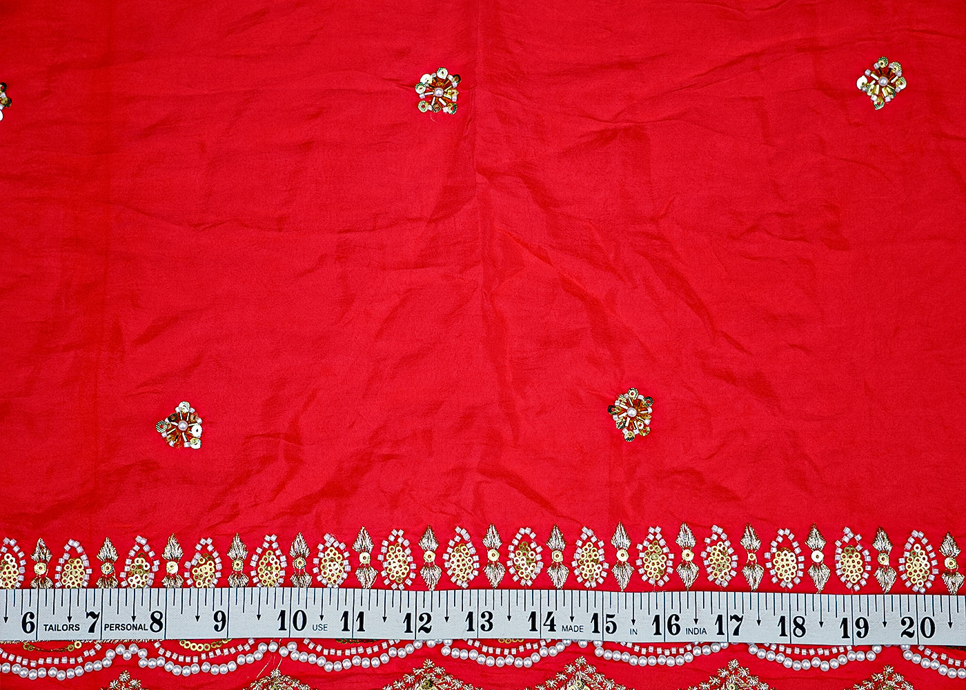 (Pre-Cut 1.15 Mtr) Crepe Fabric with All-Over Buti of Sequins, Beads, Pearls, Threadwork, with Heavy Border