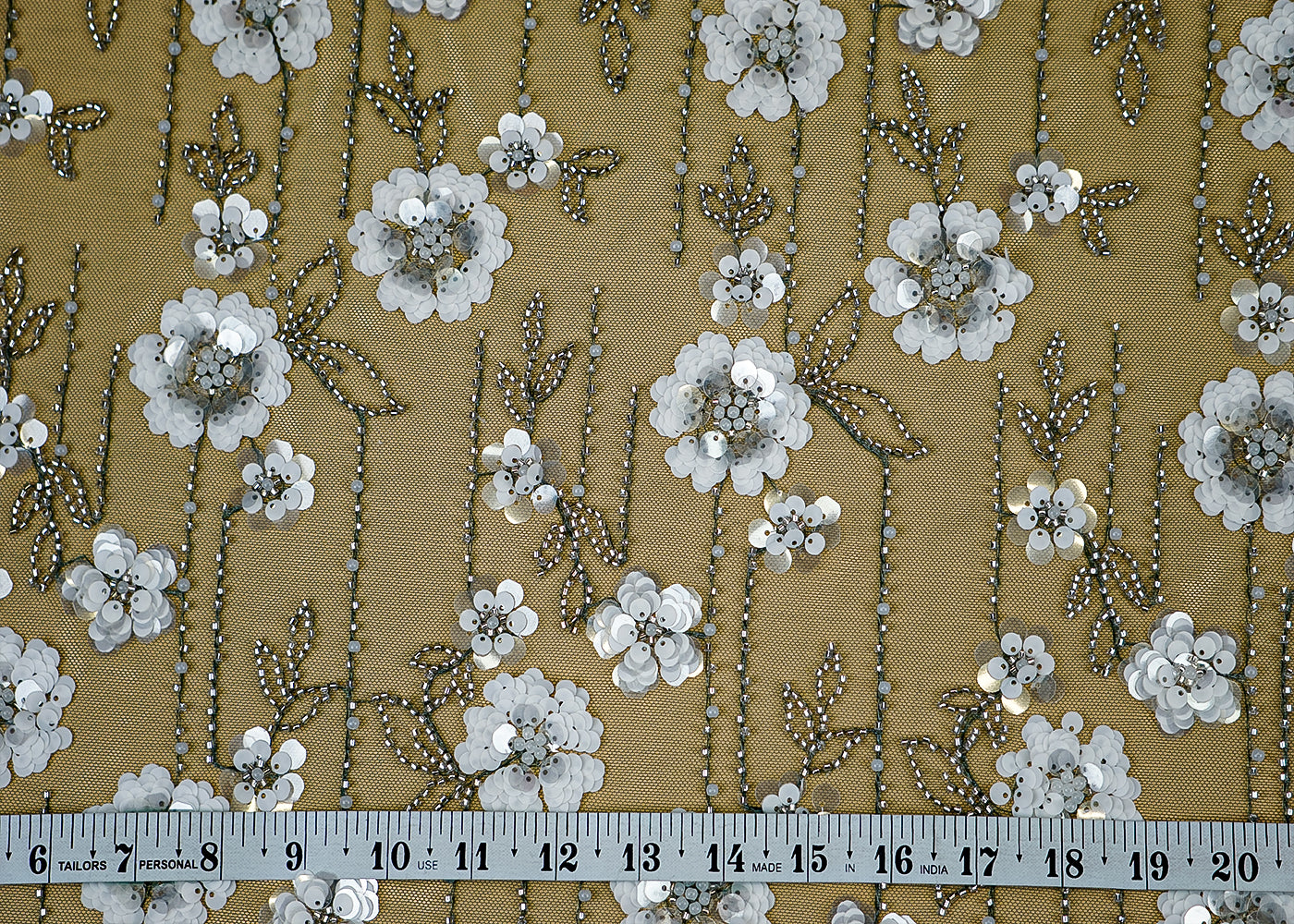 (Pre-Cut 2.45 Mtr) Imported Net Fabric with Sequins, Pearl and Bead Work