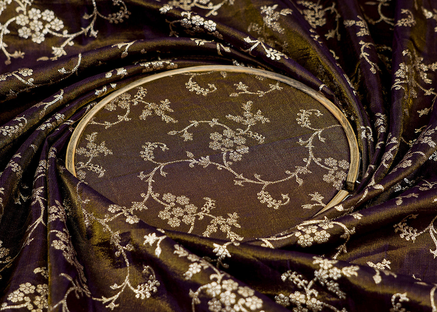 (Pre-Cut 1.45 Mtr) Beautiful Deep Purple Banarasi Brocade with Golden Thread Handloom