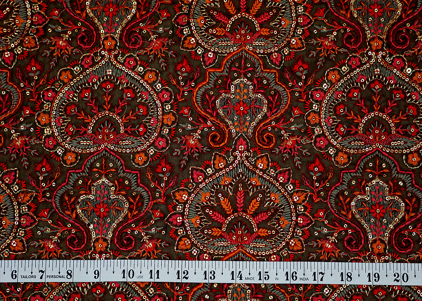 (Pre-Cut 1.3 Mtr) Black Regal Traditions Fabric with Multi-Color Thread, Golden Sequins, and All-Over Pattern