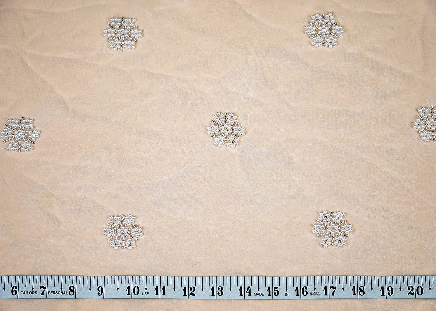 (Pre-Cut 3 Mtr) White Elegant Georgette Fabric with Sequin, bead and Pearl buti work