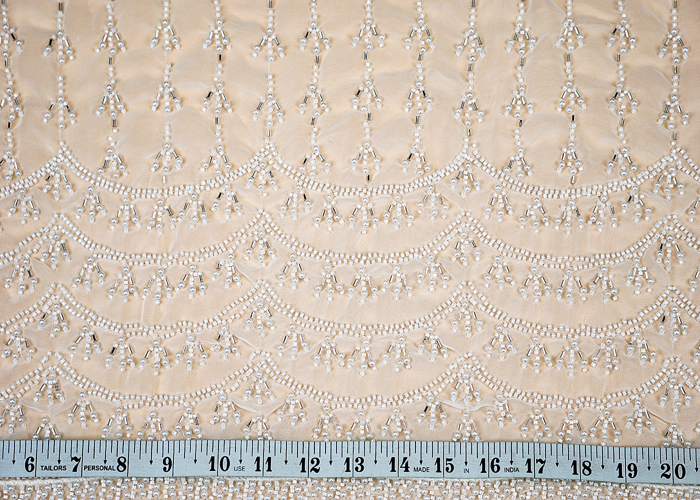 (Pre-Cut 1 Mtr) Elegant Georgette Fabric with Silver Sequin and Pearl Adornments