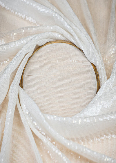 (Pre-Cut 2.65 Mtr) White Georgette Fabric with Thread, Faux Mirror, Sequins Work, Heavy Border