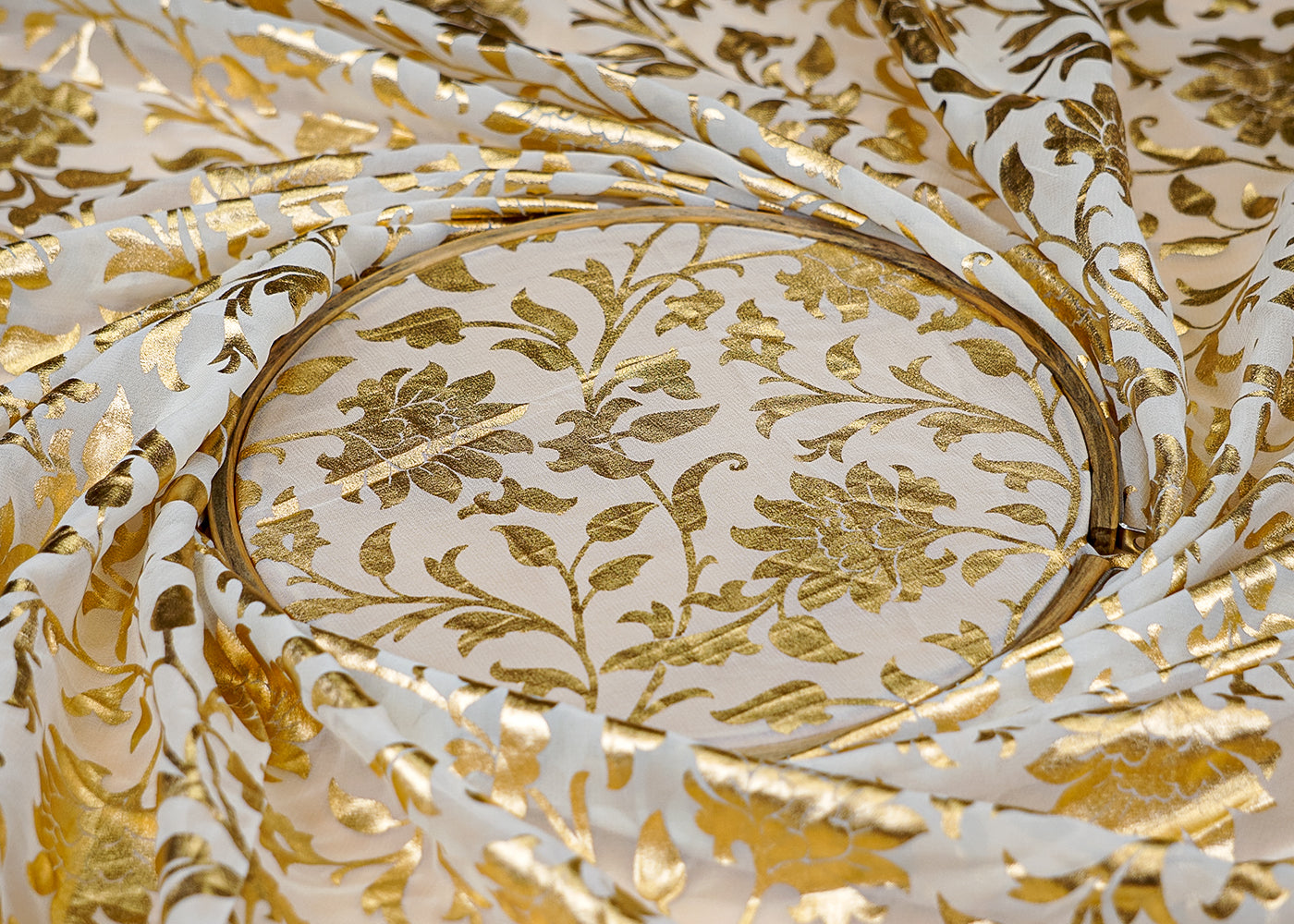 (Pre- Cut 2.25 Mtr) Blossom Georgette Fabric with All-Over Golden Floral Foil Work