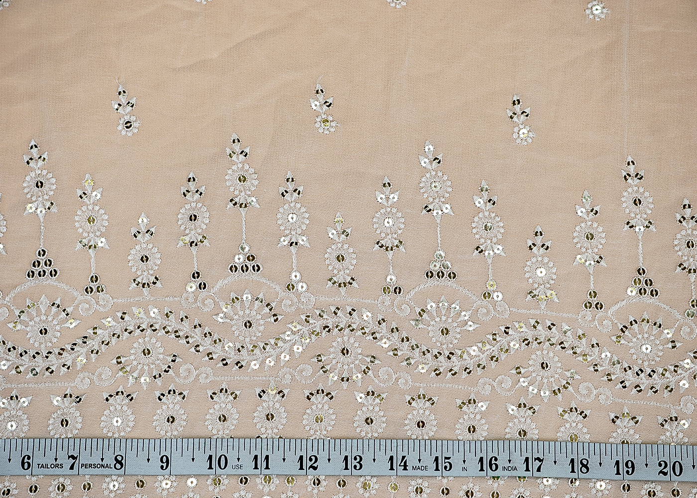 (Pre-Cut 5 Mtr) Glamour Georgette Fabric with All-Over Sequins and Thread Work and Heavy Border