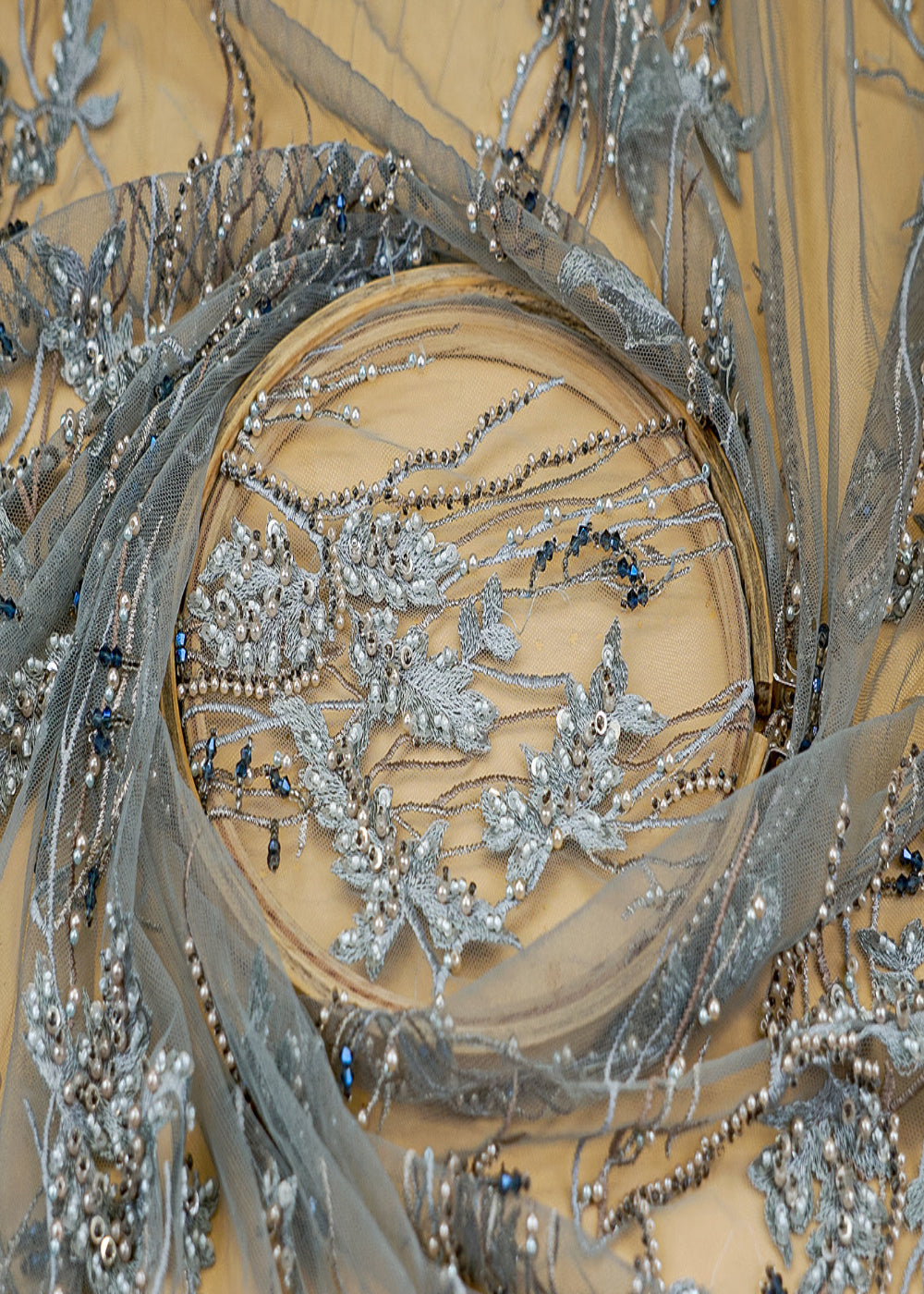 (Pre-Cut-1.55-Mtr)-Grey-Imported-Net-Fabric-with-Thread,-Pearl,-Sequins,-and-Bead-Work