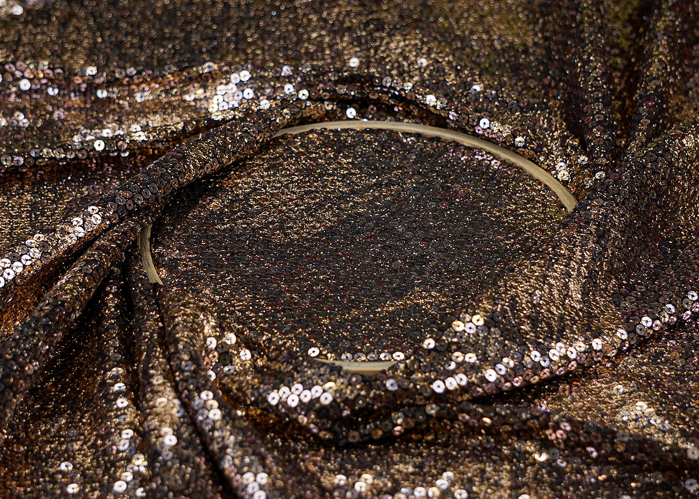 (Pre-Cut 2.8 Mtr) Golden Glam Lycra Net Fabric with All-Over Sequins