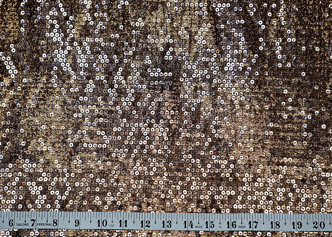 (Pre-Cut 2.8 Mtr) Golden Glam Lycra Net Fabric with All-Over Sequins