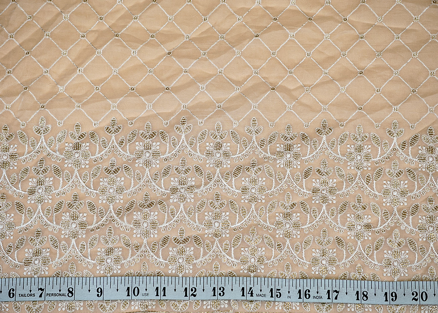 (Pre-Cut 3.45 Mtr) Opulent Organza Fabric with Heavy Thread and Sequins Border