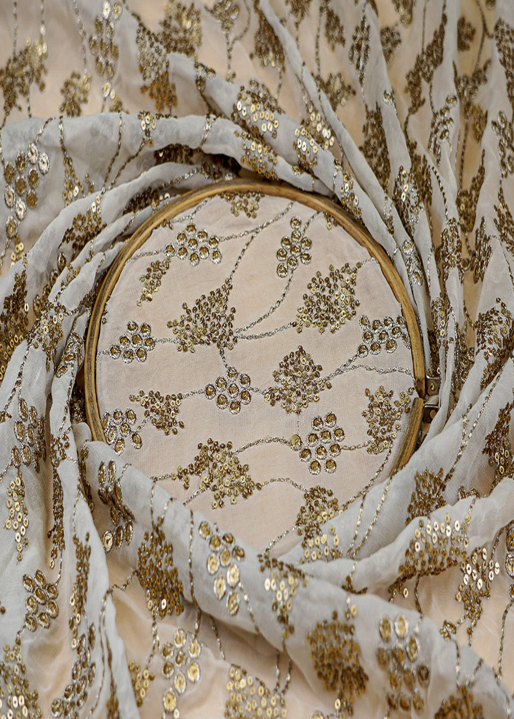 (Pre-Cut 1.1 Mtr) White Georgette Fabric with All-Over Sequins and Thread Work
