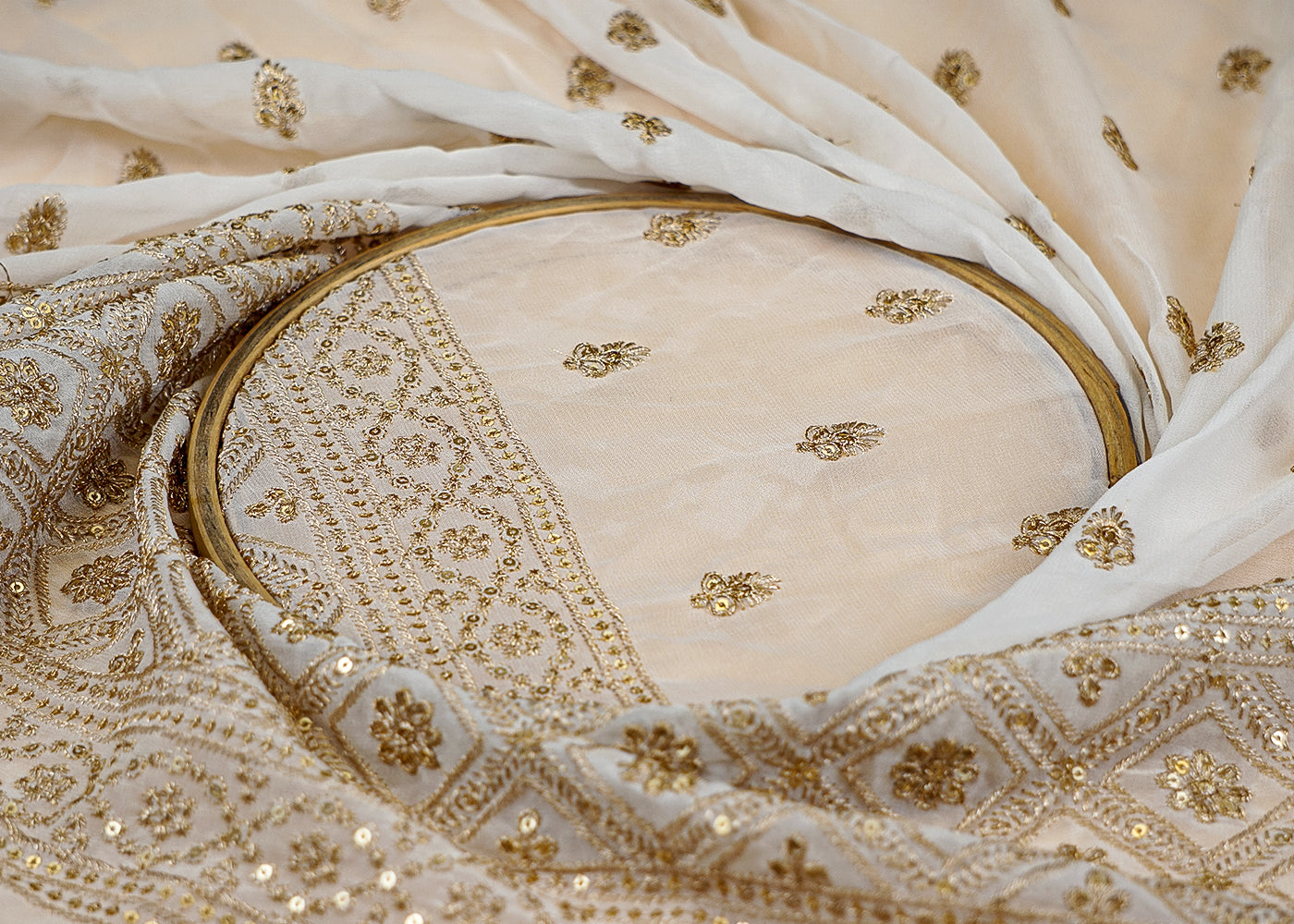 (Pre-Cut 4.35 Mtr) Glamour Georgette Fabric with All-Over Buti of Sequins and Thread Work and Heavy Border