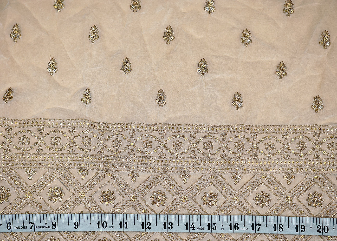 (Pre-Cut 4.35 Mtr) Glamour Georgette Fabric with All-Over Buti of Sequins and Thread Work and Heavy Border