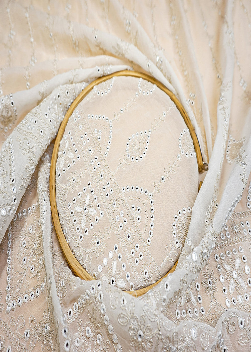 (PRE-CUT-3.9MTR)-White-Georgette-Fabric-with-Allover-Sequins,-Faux-Mirror,-Threadwork-&-Border-11337