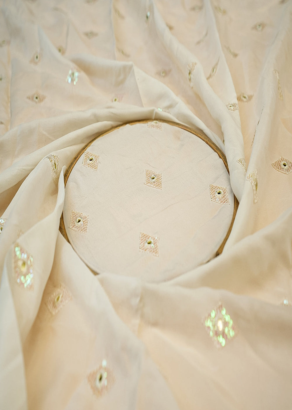 (PRE-CUT-1.3MTR)-White-Upada-Silk-with-Allover-Buti-of-Thread,-Mirror-Work,-and-Rainbow-Sequins-11397