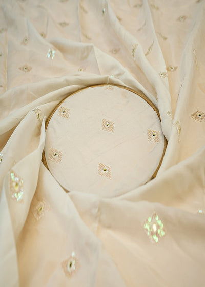 (PRE-CUT 1.3MTR) White Upada Silk with Allover Buti of Thread, Mirror Work, and Rainbow Sequins 11397