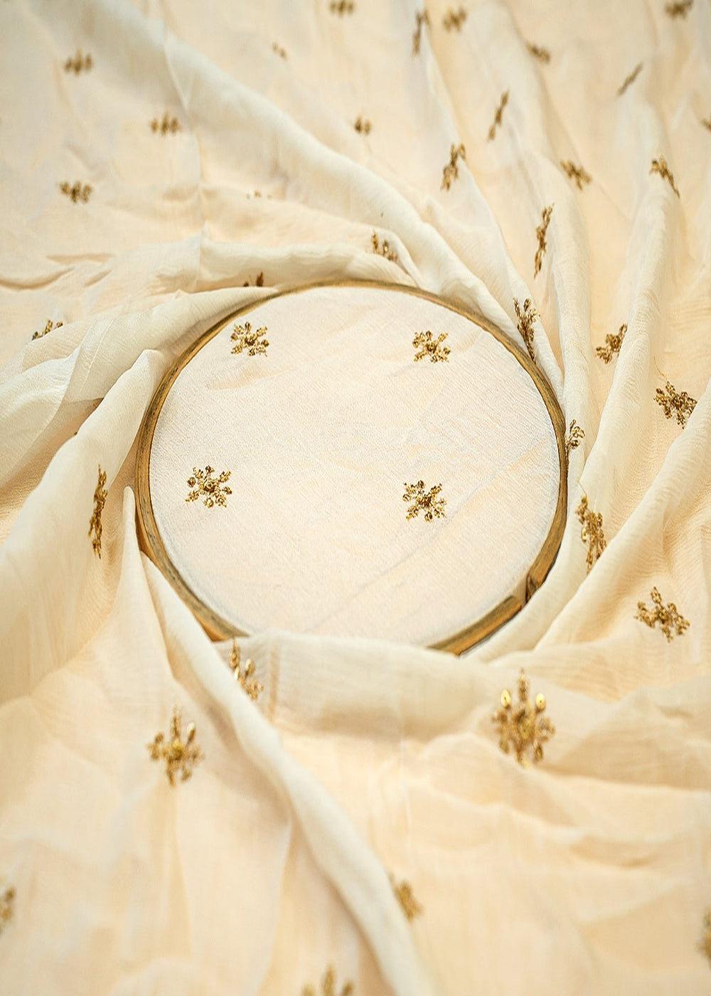 (PRE-CUT-1.4MTR)-White-Chinon-Chiffon-with-Allover-Buti-of-Sequins-&-Thread-11408